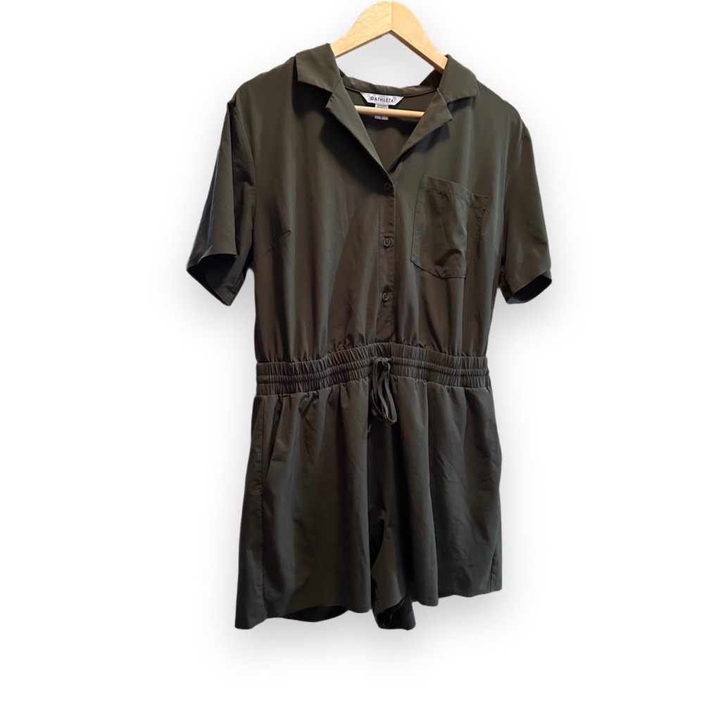 Athleta Women Olive Green Short Sleeve Button Front Drawstring Waist Romper L